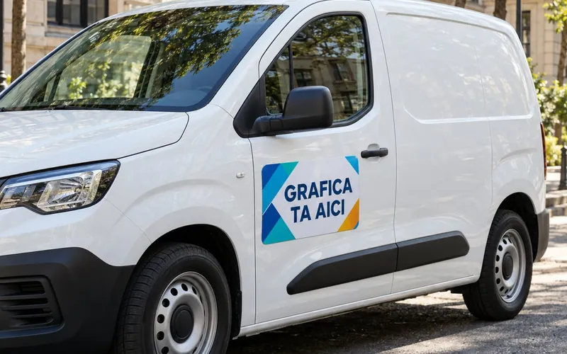 Dubă albă cu reclamă magnetică pe portieră